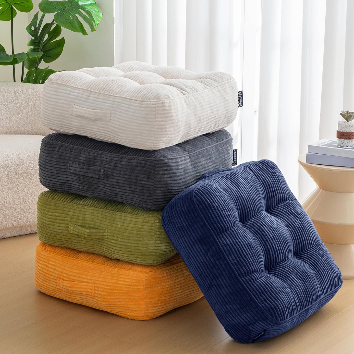 HIGOGOGO Floor Pillow Cushion for Adults, Meditation Cushion Pillow, Large Square Floor Sitting, Tufted Corduroy Cover, for Tatami Living Room or Yoga, 22x22 Inch, Dark Grey