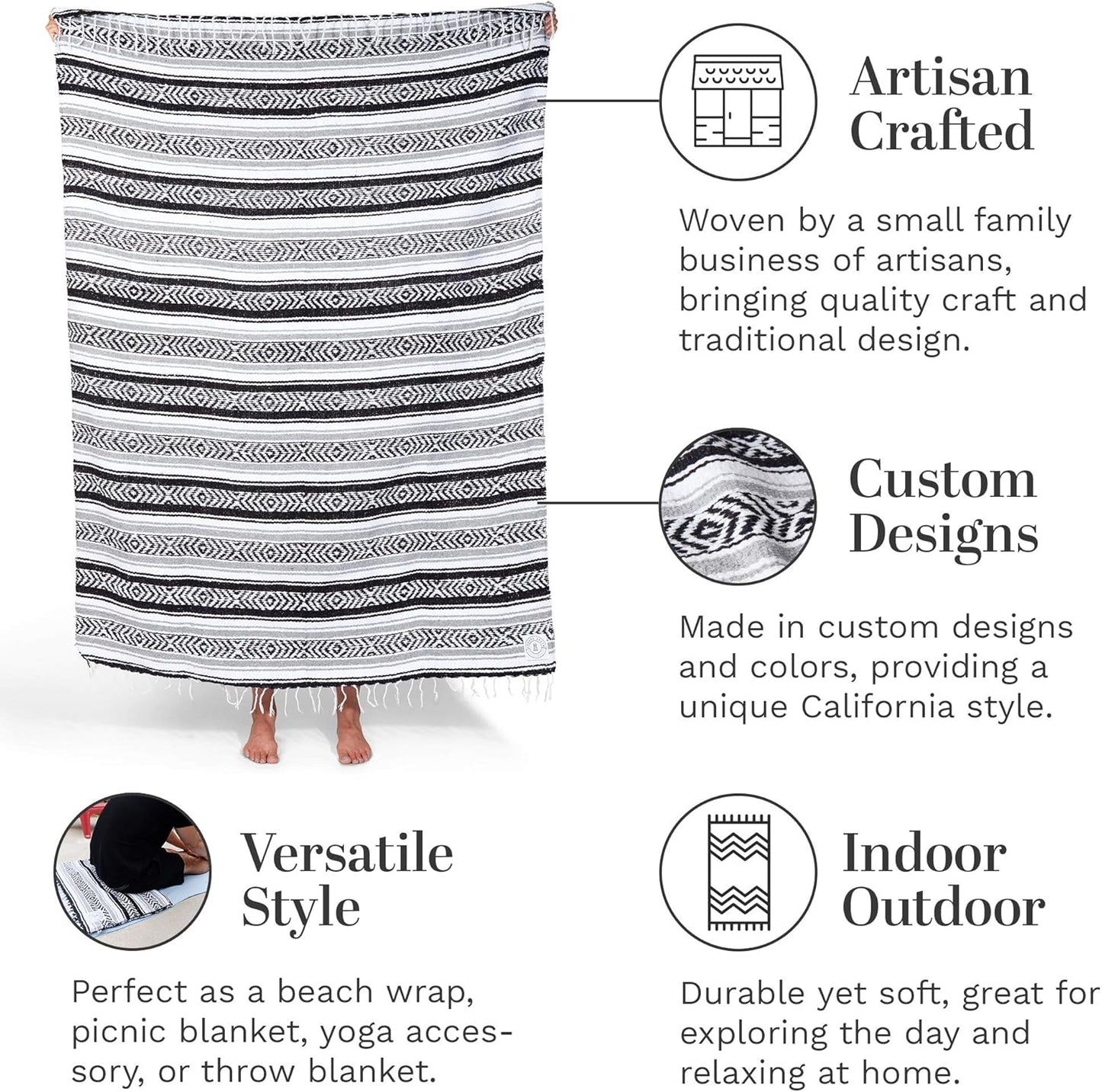 Mexican Blanket by Laguna Beach Textile Co - Beach, Yoga, Camping, or Decorative Throw Blanket - Traditional Handmade Serape (Ivory)