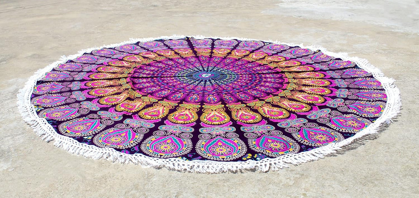 Mandala Round Beach Tapestry Boho Hippie Blanket Bohemian Large Table Cloth Home Decor Yoga Mat Meditation Picnic Rug Throw Hippy Gypsy Tablecloth Roundie (42 Inches, Orange And Blue)
