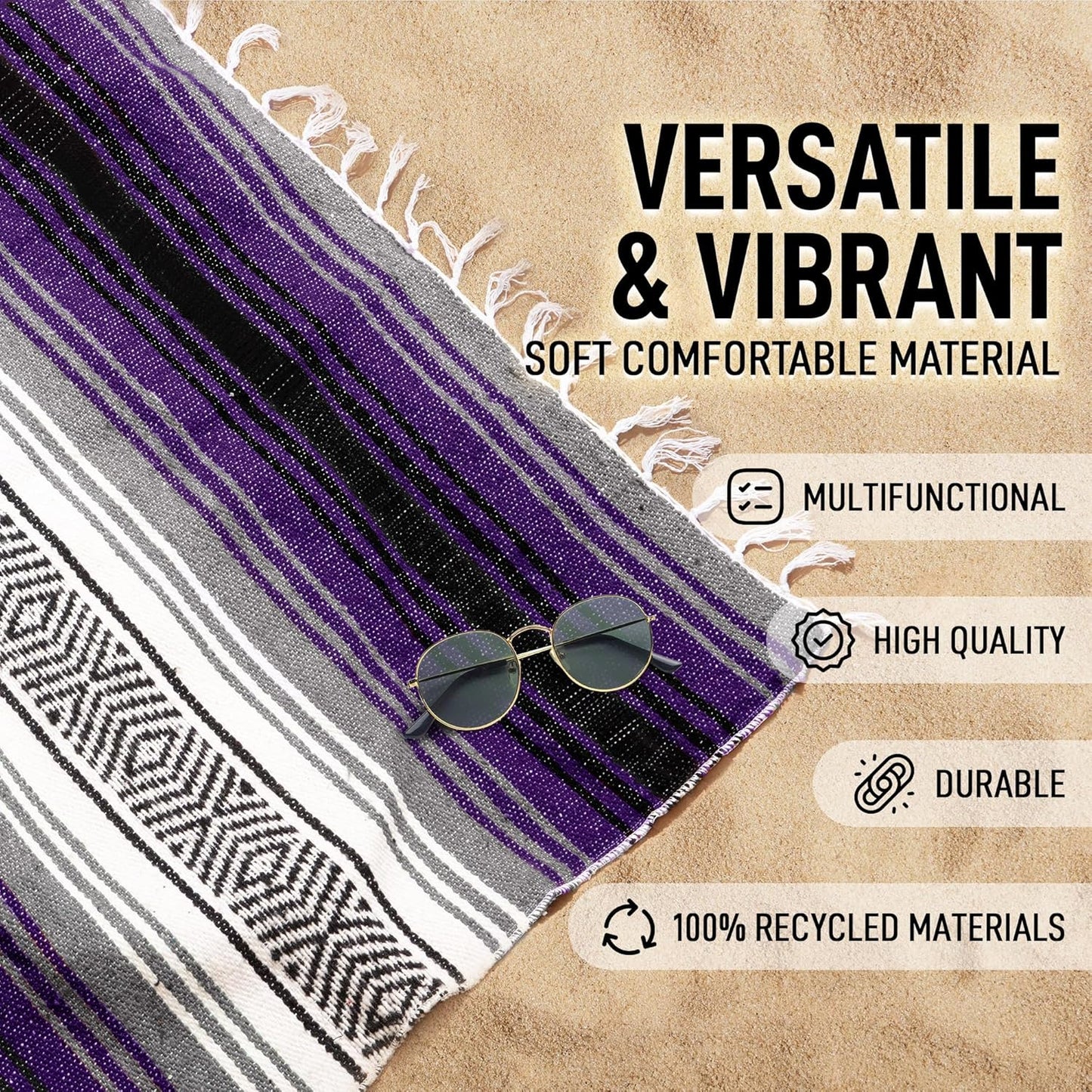 Hydration Nation Authentic Large Handwoven Mexican Blanket - Soft Yoga - Durable Serape - Lightweight Falsa, Beach, Camping, Picnic, Outdoor 70"x50" - Mandarin