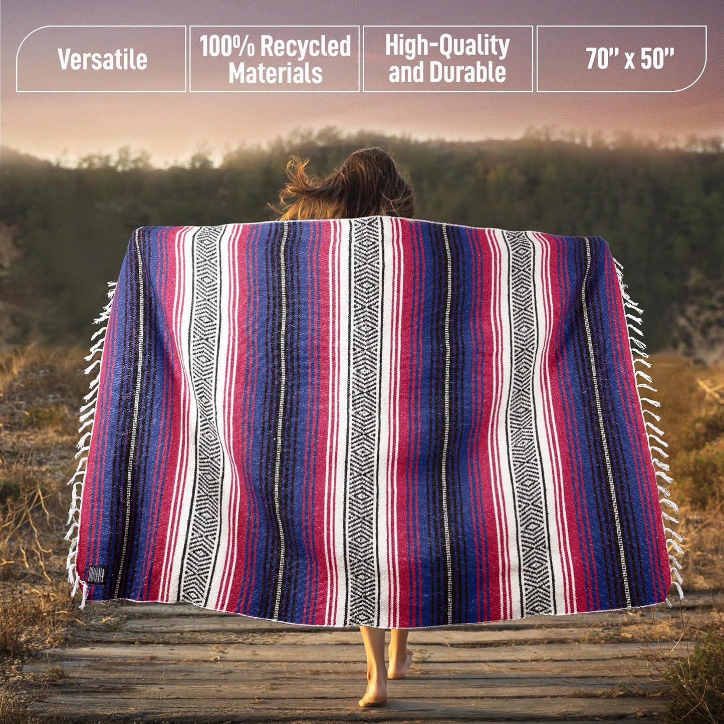 Hydration Nation Authentic Large Handwoven Mexican Blanket - Soft Yoga - Durable Serape - Lightweight Falsa, Beach, Camping, Picnic, Outdoor 70"x50" - Mandarin