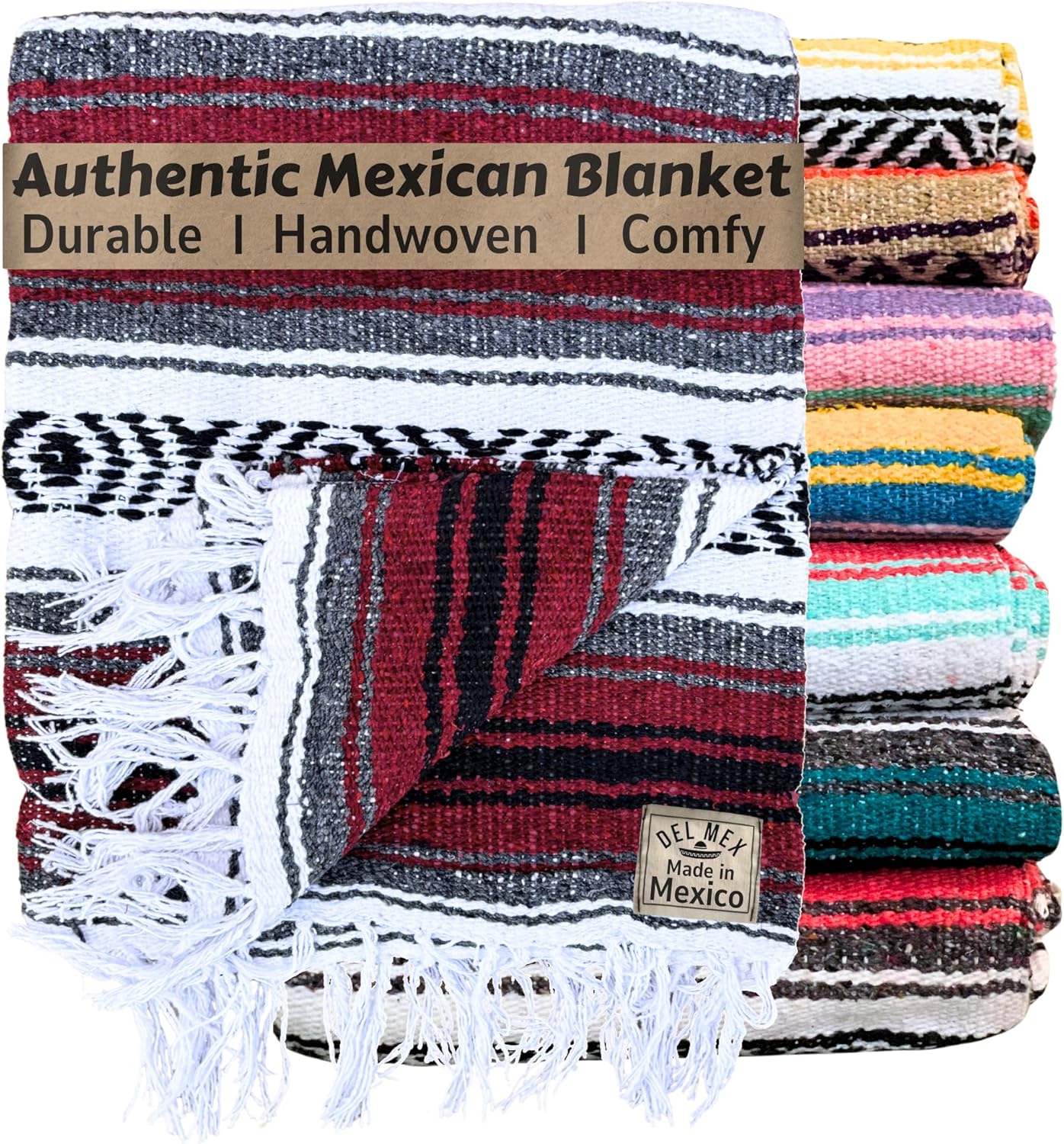 Del Mex Classic Mexican Blanket, Large Authentic Woven Falsa Throw (70"x50"), Artisan Southwest Décor for Beach, Yoga, Outdoors (Lavender)