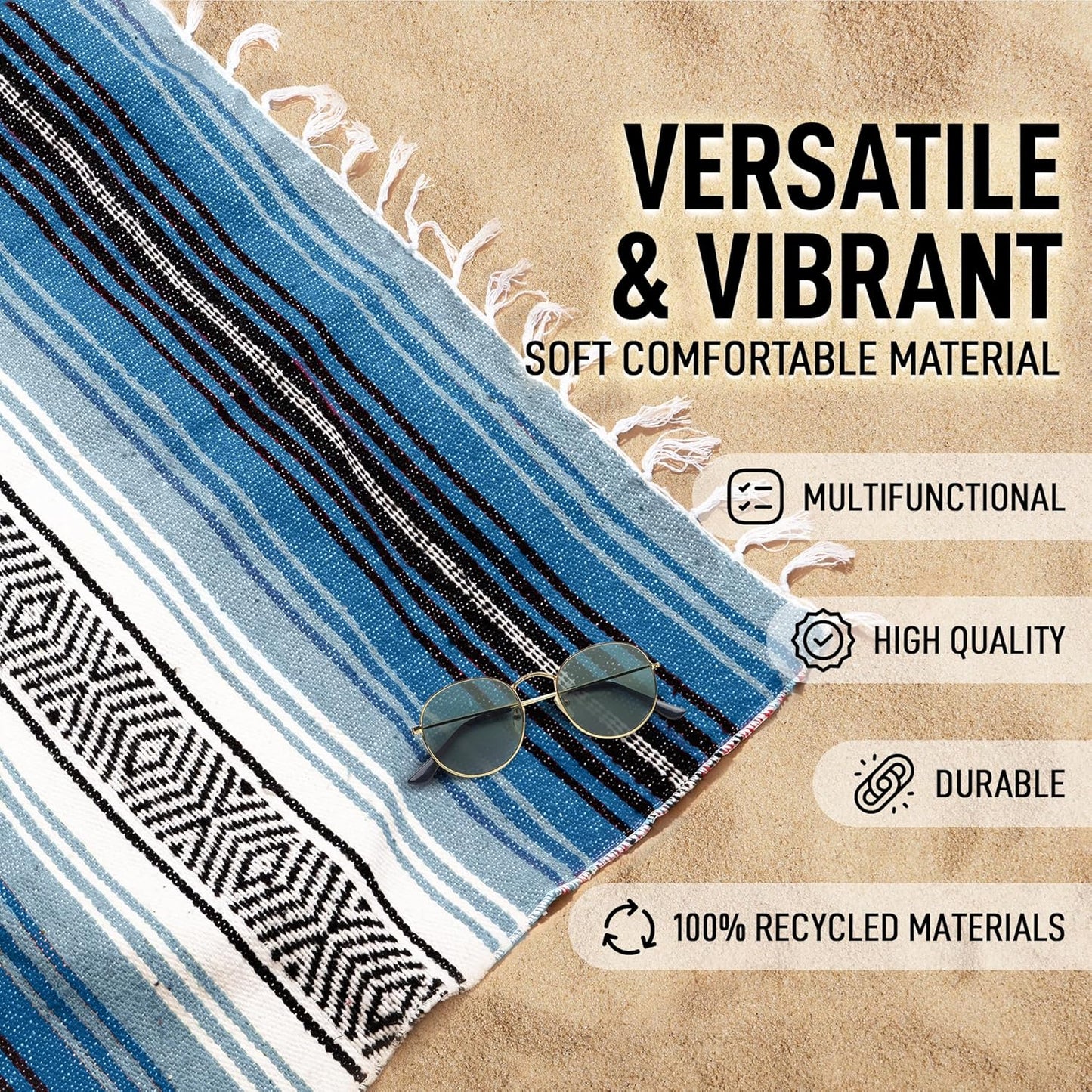 Hydration Nation Authentic Large Handwoven Mexican Blanket - Soft Yoga - Durable Serape - Lightweight Falsa, Beach, Camping, Picnic, Outdoor 70"x50" - Mandarin