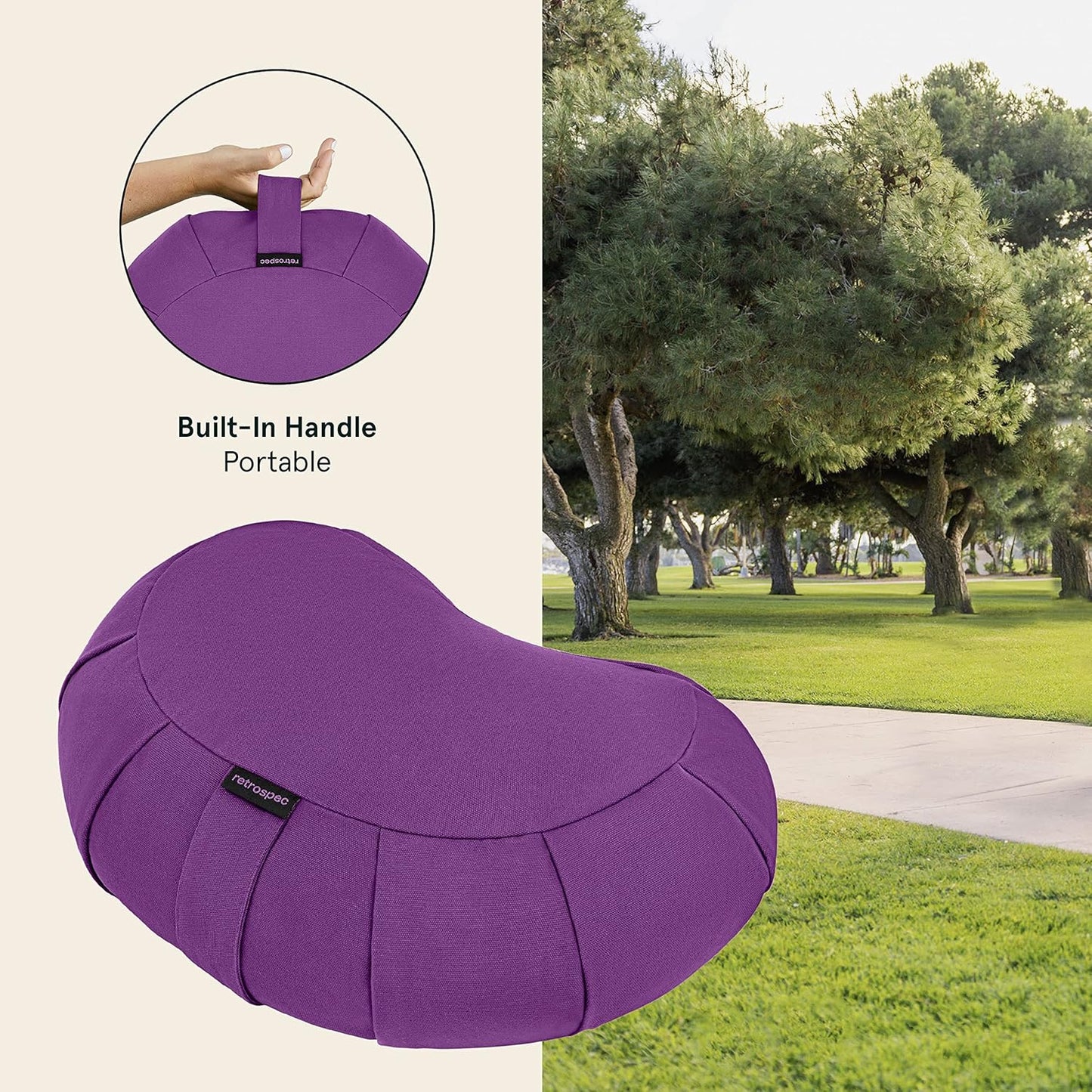 Retrospec Sedona Zafu Meditation Cushion with Buckwheat Hull Fill - Adjustable Yoga & Pilates Equipment Support - 17in Crescent Cotton Cover