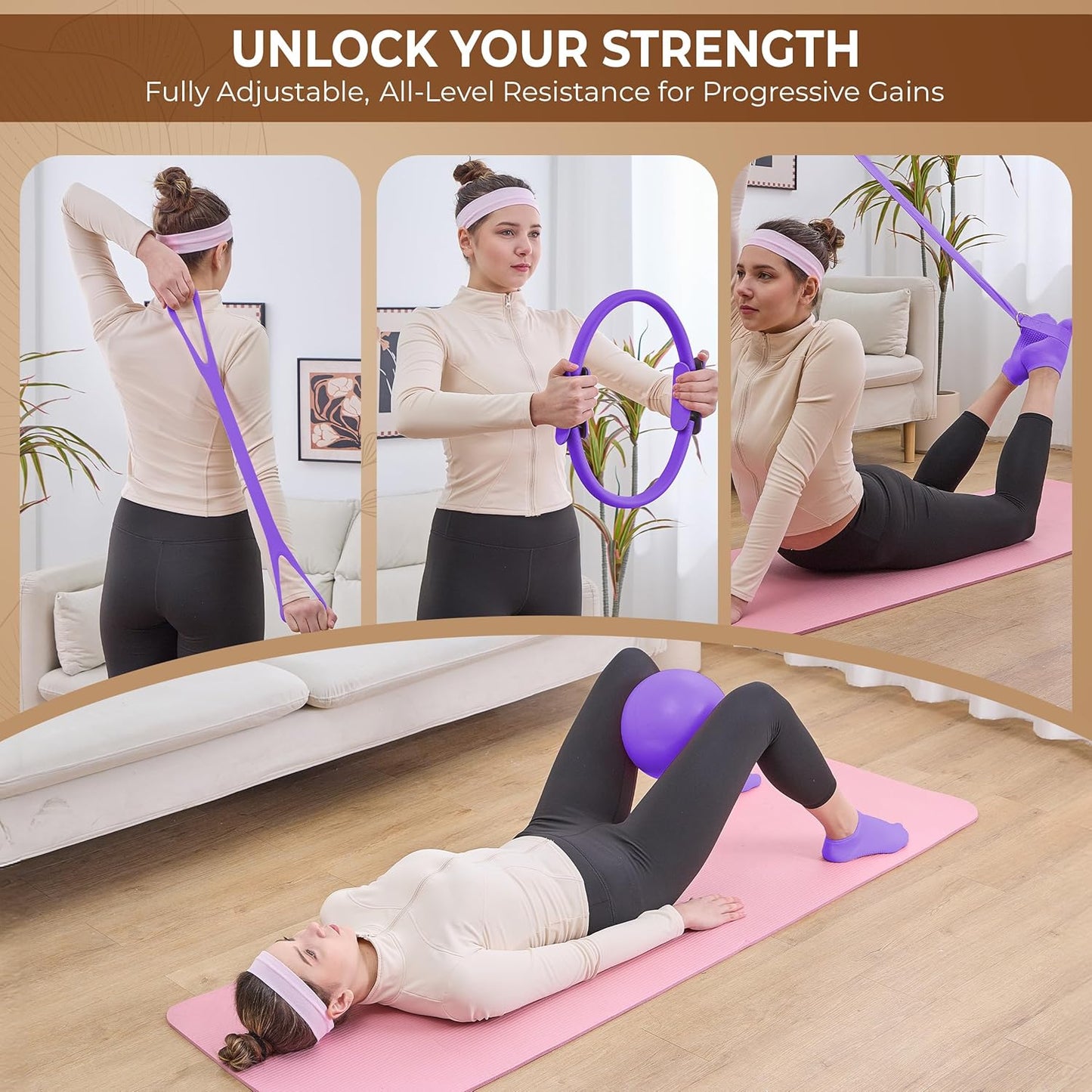 Pilates Kit for Women – 16PCS Home Pilates Workout Kit for Beginners, Pilates Ring Set with Ball, Resistance Bands & Accessories, Full Body Toning Equipment for Home Workouts