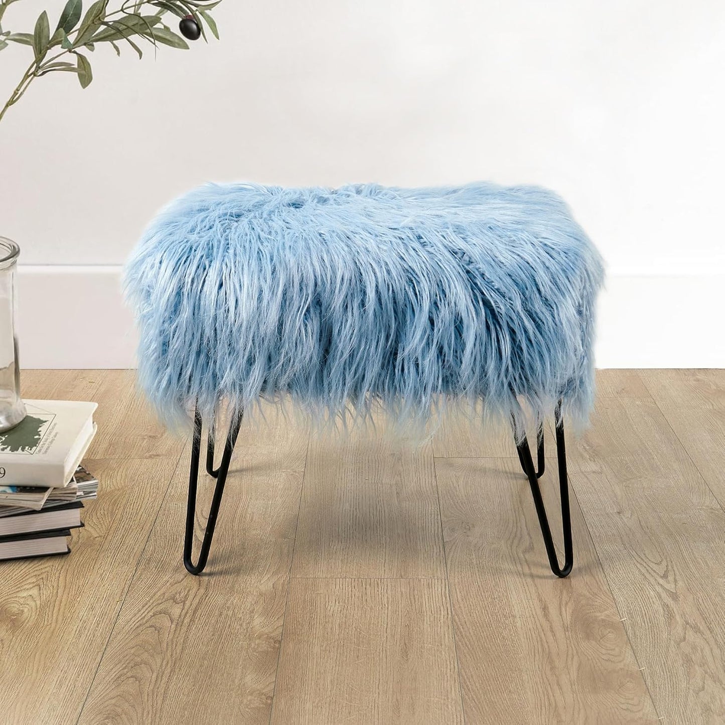 Home Soft Things Green Mongolian Faux Fur Ottoman, Desert Sage, 19'' x 13'' x 17'', Cozy Plush Fluffy Ottoman Foot Rest Stool for Living Room Bedroom Entryway Makeup Bench End of Bed Home Décor