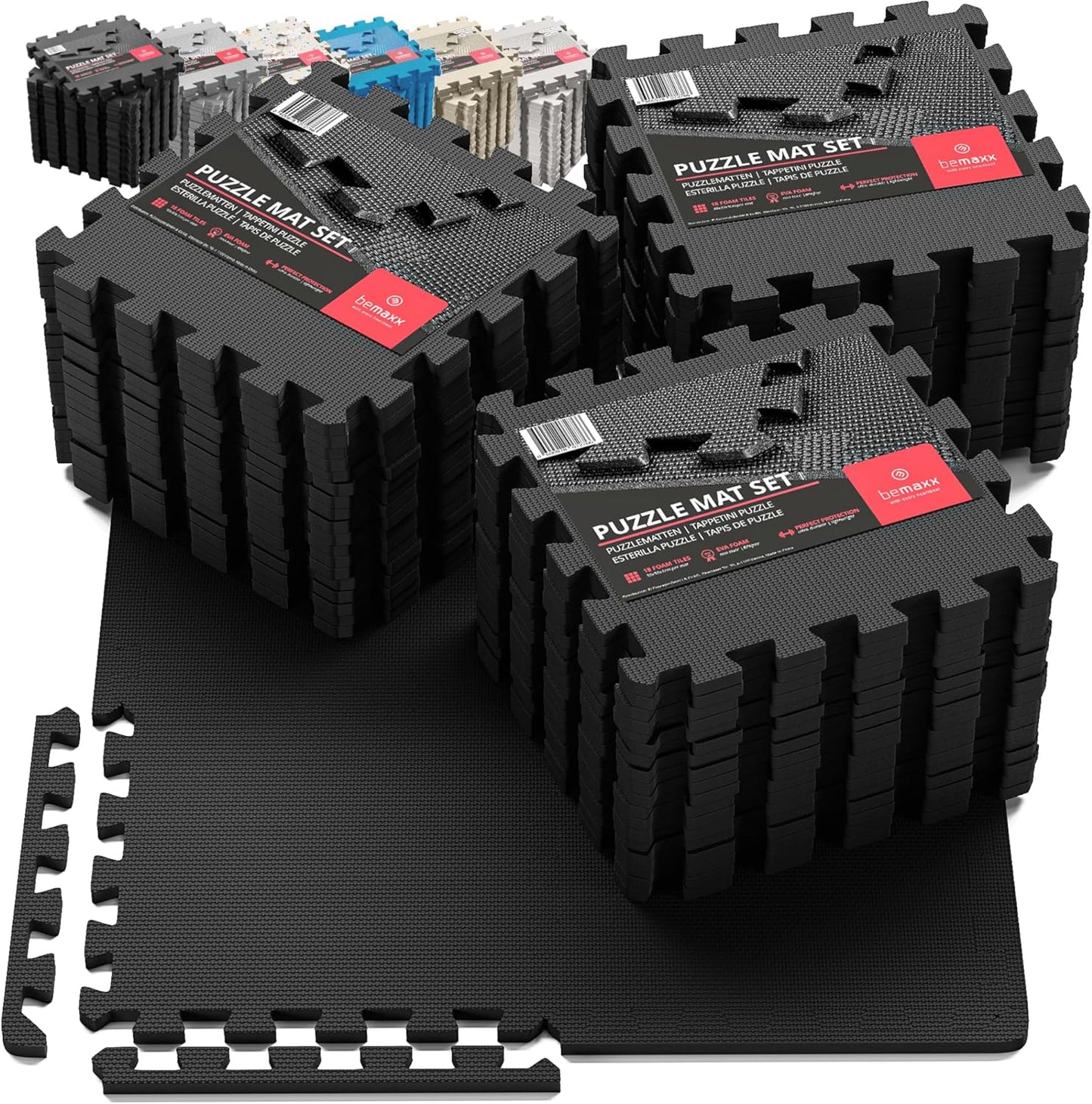 bemaxx Gym Mats Set - 18 pcs EVA Interlocking Foam Floor Tiles (12.6"x12.6"x0.4") 18sqft Protective Gym Flooring Sports Home Workout Exercise Mats Puzzle Garage Fitness Play-Room Pool Treadmill Bike