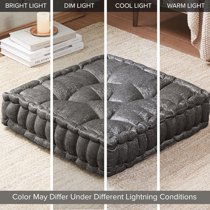 Intelligent Design Large Floor Pillow for Adults Yoga or Meditation Cushion with Handle, Floor Cushion for Board Games, Lustrous Chenille Tufted, Handsewn Scalloped Edge, Azza, 24" x 24" x 5" Yellow