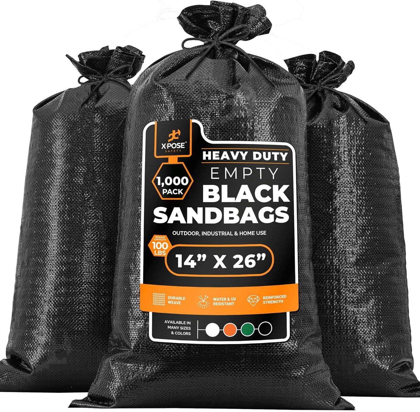 Xpose Safety Heavy Duty Sand Bags with Tie Strings – Empty Woven Polypropylene Sandbags for Hurricane Flood Protection, 100 lb Capacity, 14" x 26", Black, Pack of 10