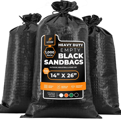 Xpose Safety Heavy Duty Sand Bags with Tie Strings – Empty Woven Polypropylene Sandbags for Hurricane Flood Protection, 100 lb Capacity, 14" x 26", Black, Pack of 10
