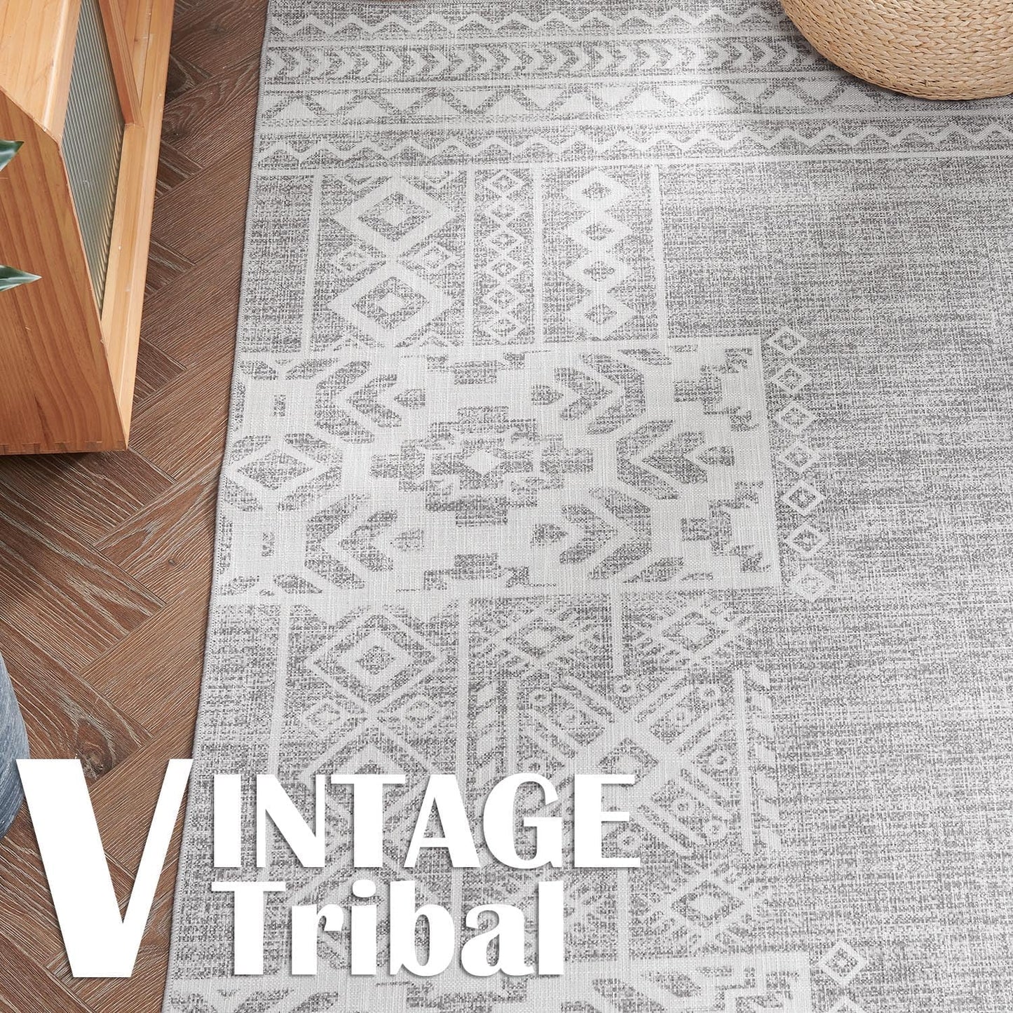 jinchan Area Rug 4x6 Ultra-Thin Washable Vintage Boho Geometric Entryway Rug Non-Slip Non-Shedding Carpet for Living Room Bedroom Blue Ivory