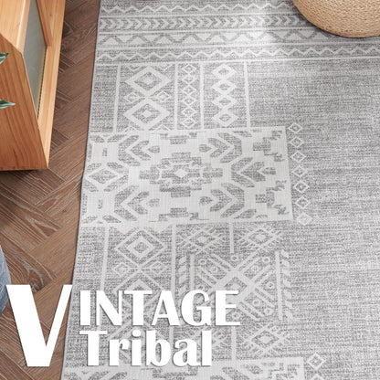 jinchan Area Rug 4x6 Ultra-Thin Washable Vintage Boho Geometric Entryway Rug Non-Slip Non-Shedding Carpet for Living Room Bedroom Blue Ivory