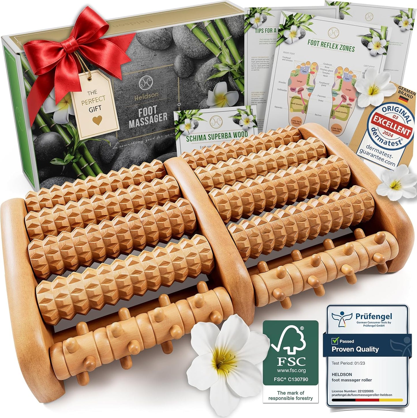 HELDSON® Foot Massager Roller Plantar Fasciitis Pain Relief - Wooden Under Desk Feet Massage - Dual Manual Heel Massagers - Wood Rolling Acupressure Tool with Reflexology Guide - Gift for Men, Women