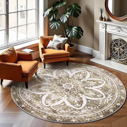 Carvapet 4ft Washable Round Rugs, Modern Abstract Circle Rug, Non Slip Rubber Backing Foldable Low Pile Carpet for Living Room Bedroom, 4ft Red/Orange Rug