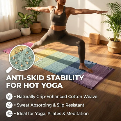 Indian Handmade100 % Organic Anti Skid Multi Colour Cotton Yoga Mat - Eco-Friendly Hand-Woven Rug - Non-Slip & Thick (24”x72”x5mm) for Hot yoga & Everyday Fitness at Home - Comfortable & Foldable Extra-Long Mat