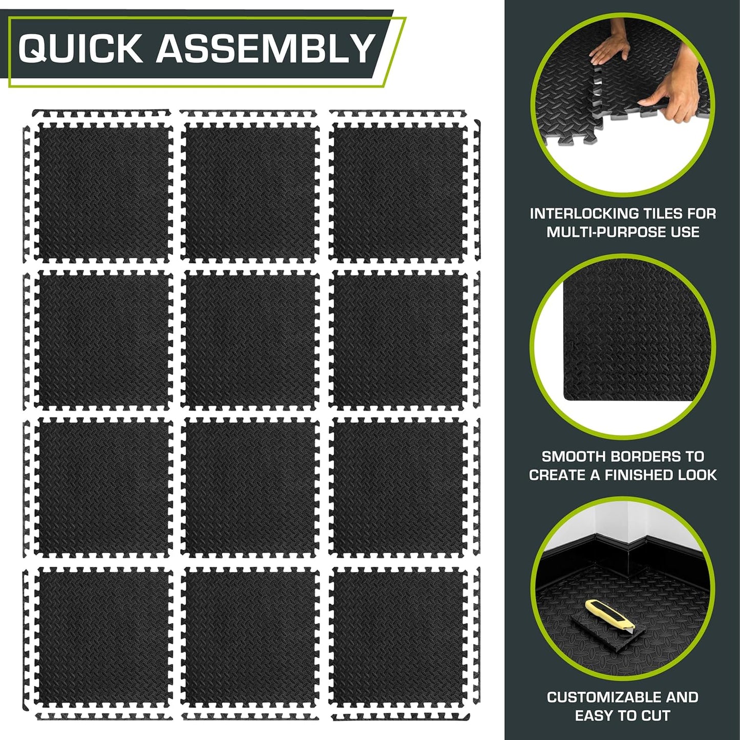 ProsourceFit Exercise Puzzle Mat ½-inch, EVA Interlocking Foam Floor Tiles for Home Gym, Workout Equipment, Kids Play Areas, Black, 24 SQ FT - 6 Tiles