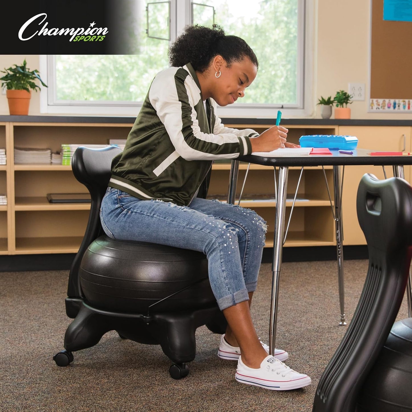 Champion Sports Exercise Ball Chair: FitPro Balance Ball Chair with Wheels and Back Support for Home or Office Use - Includes Hand Pump - Black