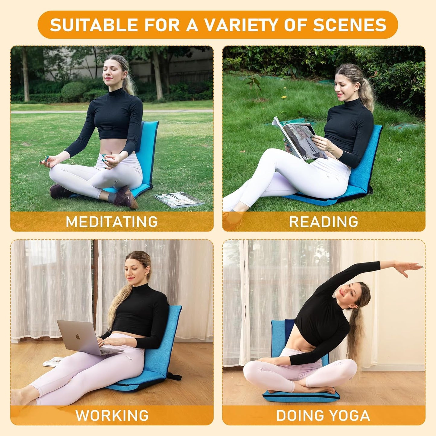 Floor Chair with Back Support 14-Position Adjustable Floor Chair Portable Ground Seating for Adults & Kids Foldable Meditation Seat with Japanese KOYO Bearings & Washable Linen Cover (Coffee)