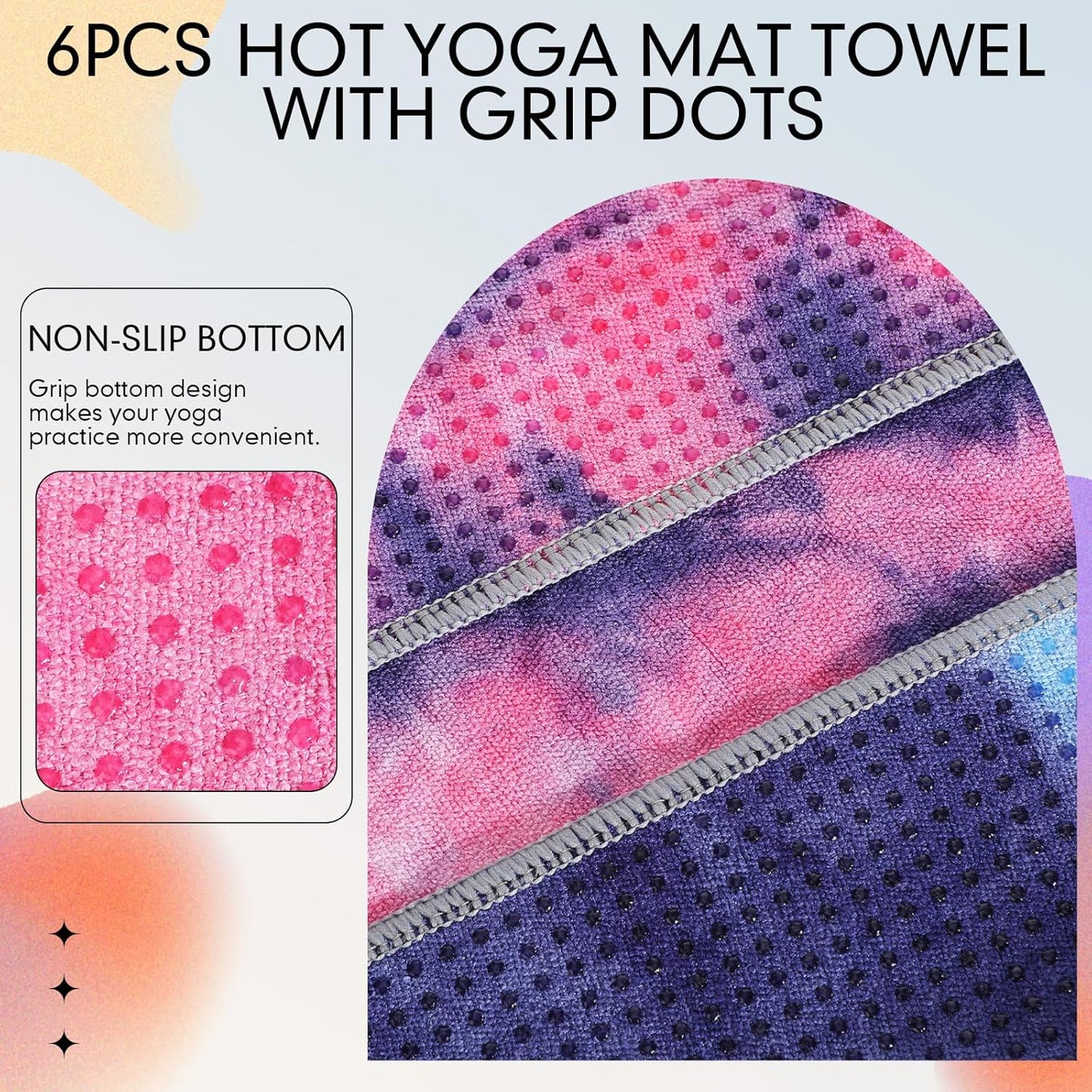 Peryiter 6 Pcs Yoga Towels with Grip Dots 72 x 25 Inch Non Slip Hot Yoga Mat Towel Microfiber Soft Sweat Absorbent Blanket for Gym Pilates Workout Fitness, 6 Tie Dye Colors