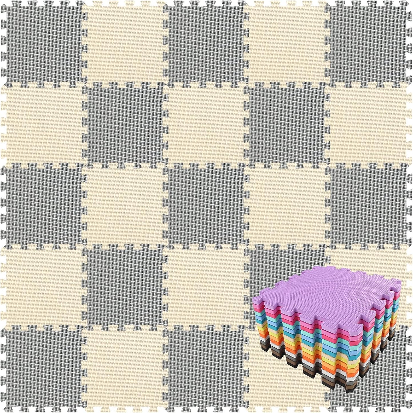 qqpp EVA Rubber 18 Tiles Interlocking Puzzle Foam Floor Mats - Baby Play Mat for Playing | Exercise Mat for Home Workout. White, Pink, Gray. QC-ACLb18N