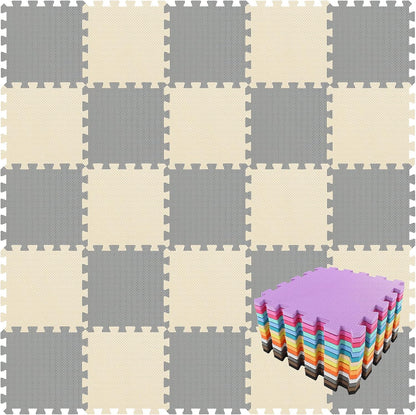 qqpp EVA Rubber 18 Tiles Interlocking Puzzle Foam Floor Mats - Baby Play Mat for Playing | Exercise Mat for Home Workout. White, Pink, Gray. QC-ACLb18N