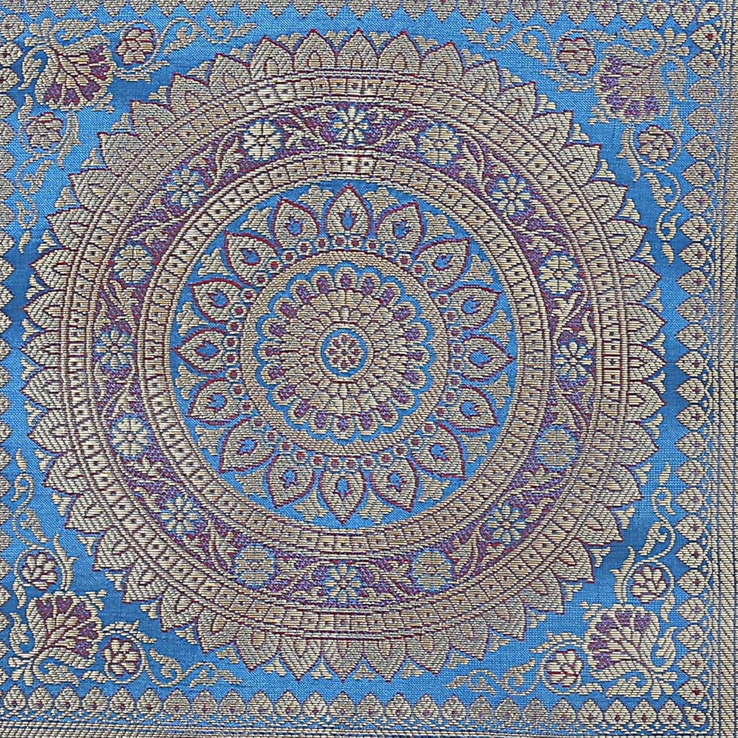 Ethnic Jacquard Brocade Silk Bolster Cushion Covers Cylindrical Hotdog Blue Yoga Massand Living Room Decorative Mandala Traditional Throw Pillowcase 76x38 cm - Set of 2 Pcs