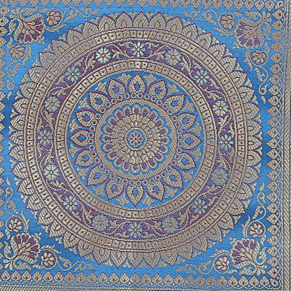 Ethnic Jacquard Brocade Silk Bolster Cushion Covers Cylindrical Hotdog Blue Yoga Massand Living Room Decorative Mandala Traditional Throw Pillowcase 76x38 cm - Set of 2 Pcs