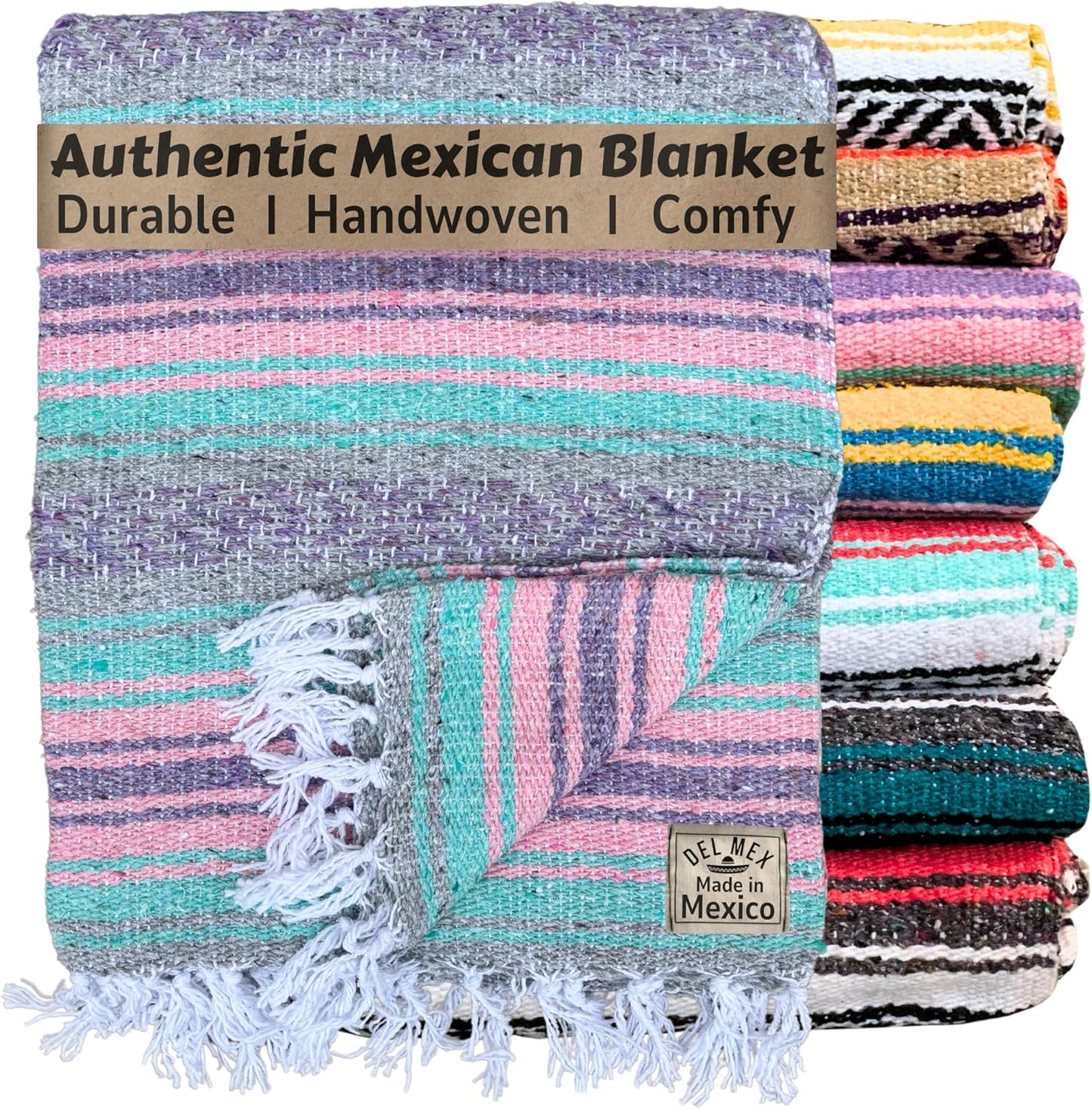 Del Mex Classic Mexican Blanket, Large Authentic Woven Falsa Throw (70"x50"), Artisan Southwest Décor for Beach, Yoga, Outdoors (Lavender)