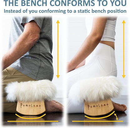 Meditation Bench Luxury Genuine Sheepskin Seat Cover meditate deeper & longer in pure comfort - mindful prayer kneeler - unique ergonomic design supports back and knees to bring health & wellbeing