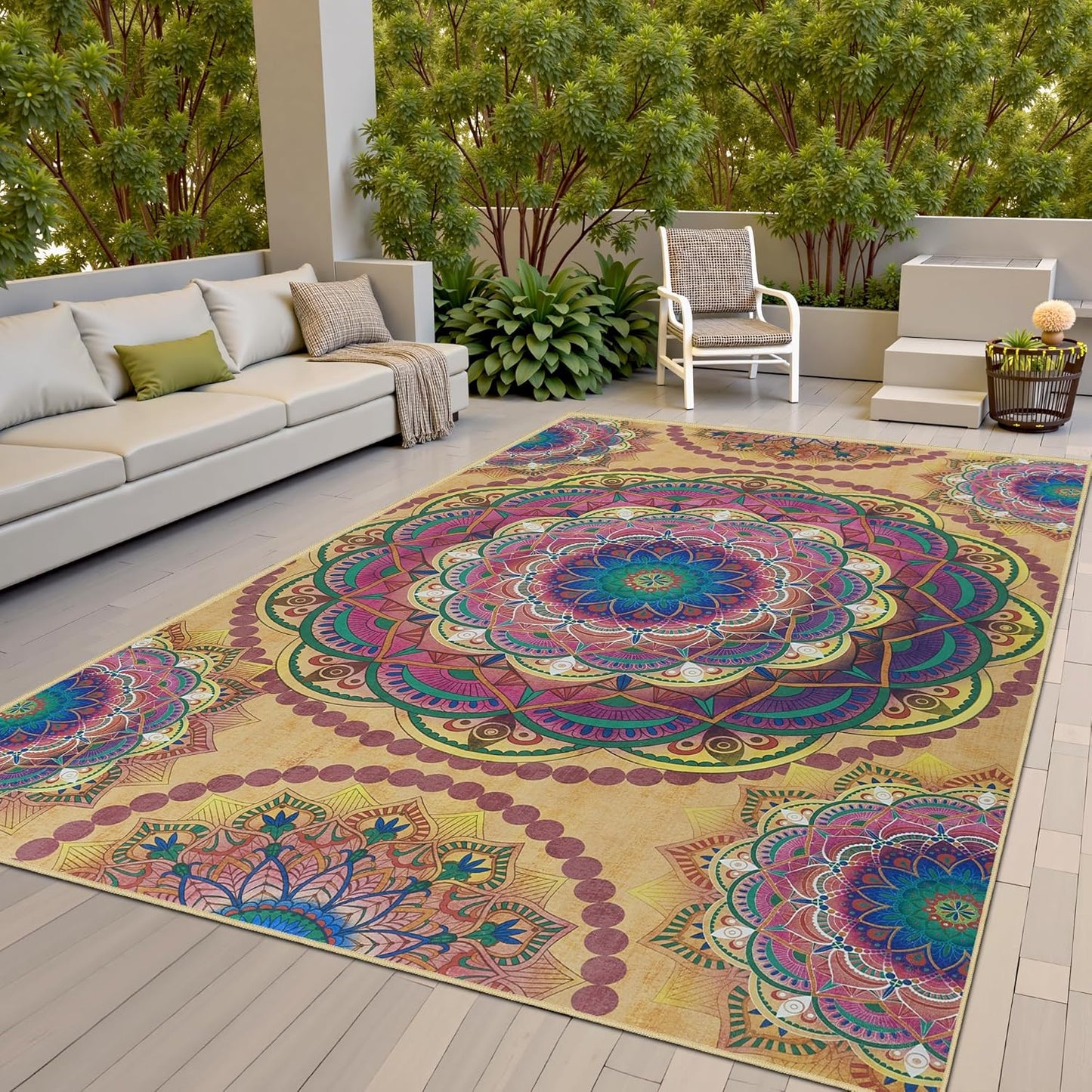 Arenarug Meditation Indoor Outdoor Rug 5x8 ft Mandala Pattern Rug Boho Style,Yoga Meditation Mat Picnic Rug for Patio Living Room Porch Garden Deck Backyard Easy to Clean Non Shedding Non-Slip