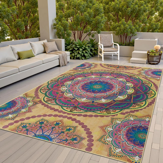 Arenarug Meditation Indoor Outdoor Rug 5x8 ft Mandala Pattern Rug Boho Style,Yoga Meditation Mat Picnic Rug for Patio Living Room Porch Garden Deck Backyard Easy to Clean Non Shedding Non-Slip