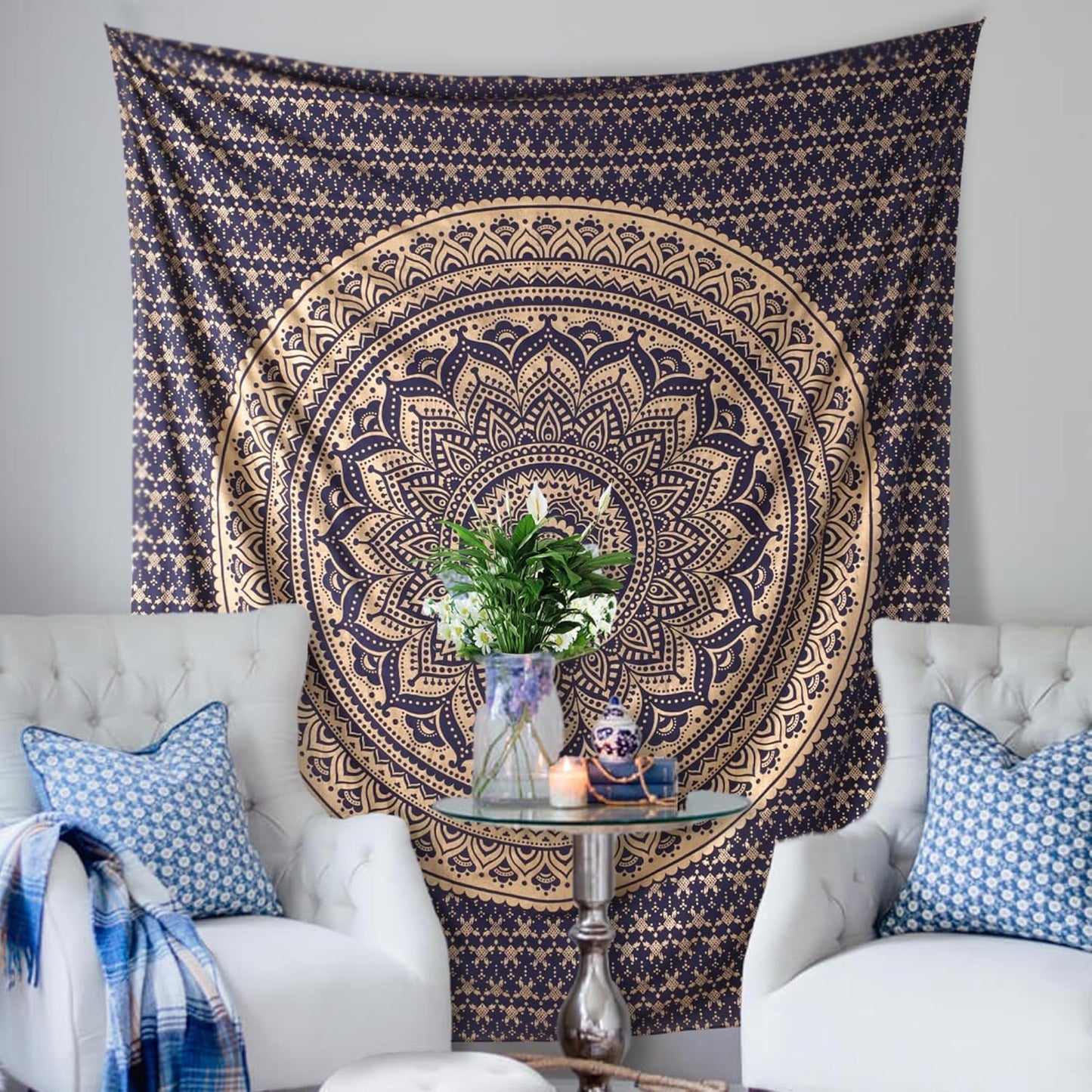 THE ART BOX Original Gold Tapestry Wall Hanging Mandala – Cotton Throw Tapestry – Boho Bedding White and Gold Medium Bedspread 54x60 Inches – Meditation & Yoga Rug Mat