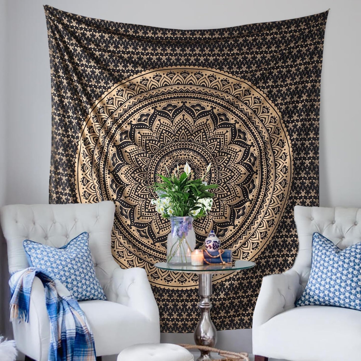 THE ART BOX Original Gold Tapestry Wall Hanging Mandala – Cotton Throw Tapestry – Boho Bedding White and Gold Medium Bedspread 54x60 Inches – Meditation & Yoga Rug Mat