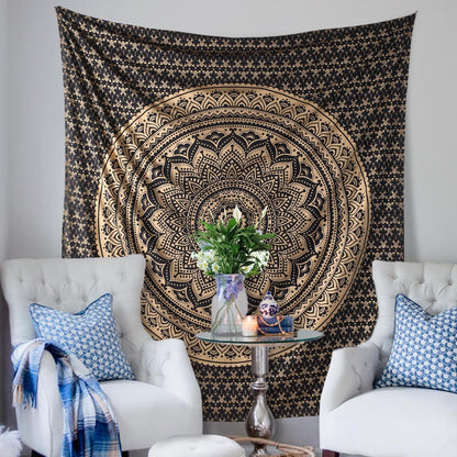 THE ART BOX Original Gold Tapestry Wall Hanging Mandala – Cotton Throw Tapestry – Boho Bedding White and Gold Medium Bedspread 54x60 Inches – Meditation & Yoga Rug Mat