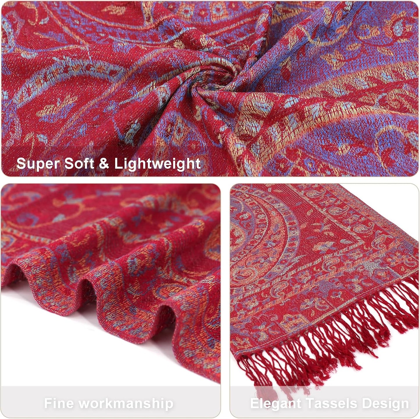 Ciormis Two Tone Silky Paisley Pashmina Shawl Scarf,Soft Women's Rave Jacquard Pashminas Wrap Scarves