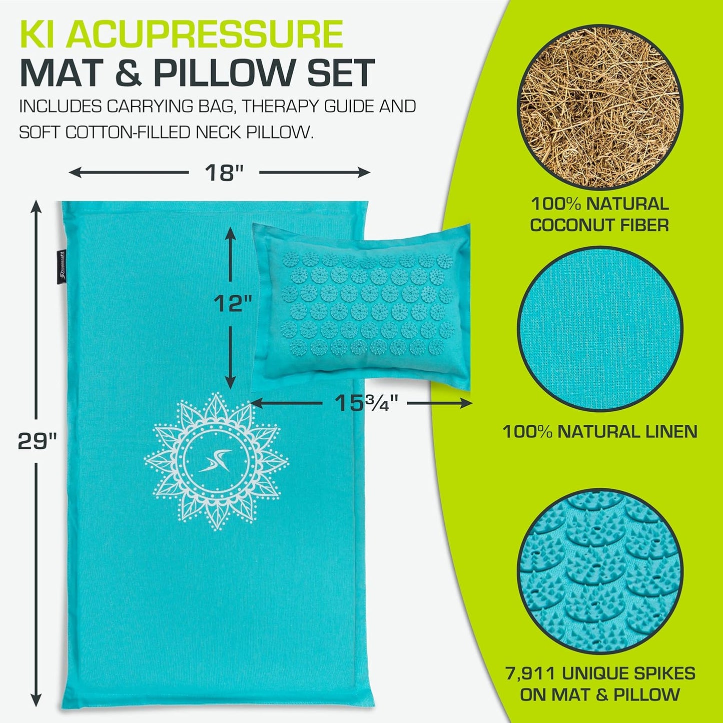 ProsourceFit Ki Acupressure Mat and Pillow Set with 100% Natural Linen for Back/Neck Pain Relief and Muscle Relaxation