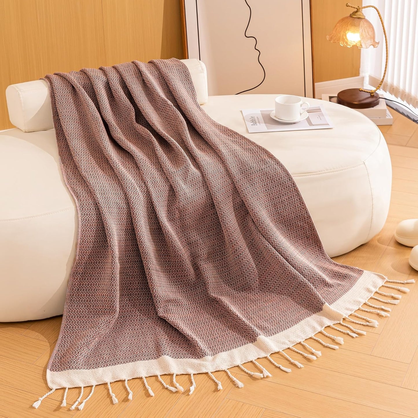 Peshtemania Premium Cotton Throw Blanket, 50x60 inches, Light Blue, Turkish Herringbone, Farmhouse Decor, Yoga Blanket, Picnic Blanket