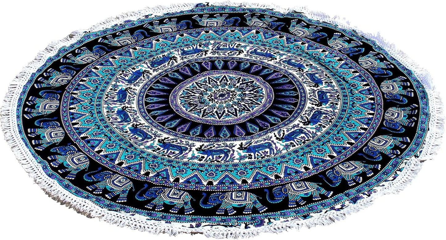 Mandala Round Beach Tapestry Boho Hippie Blanket Bohemian Large Table Cloth Home Decor Yoga Mat Meditation Picnic Rug Throw Hippy Gypsy Tablecloth Roundie (42 Inches, Orange And Blue)