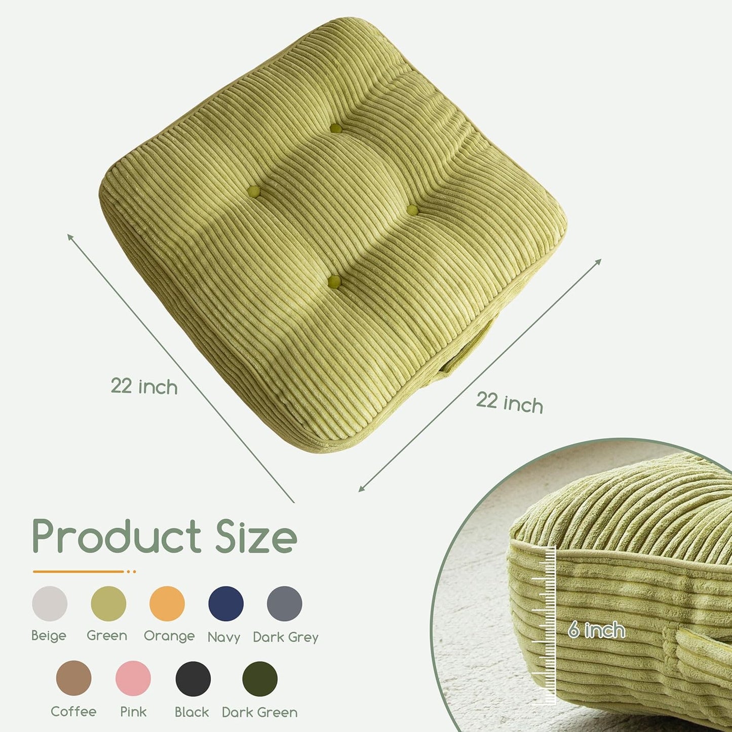 HIGOGOGO Floor Pillow Cushion for Adults, Meditation Cushion Pillow, Large Square Floor Sitting, Tufted Corduroy Cover, for Tatami Living Room or Yoga, 22x22 Inch, Dark Grey