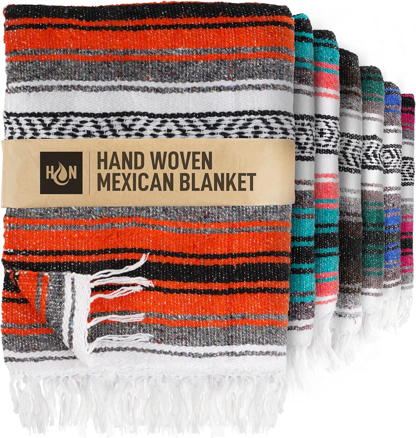 Hydration Nation Authentic Large Handwoven Mexican Blanket - Soft Yoga - Durable Serape - Lightweight Falsa, Beach, Camping, Picnic, Outdoor 70"x50" - Mandarin