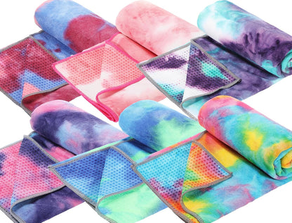 Peryiter 6 Pcs Yoga Towels with Grip Dots 72 x 25 Inch Non Slip Hot Yoga Mat Towel Microfiber Soft Sweat Absorbent Blanket for Gym Pilates Workout Fitness, 6 Tie Dye Colors