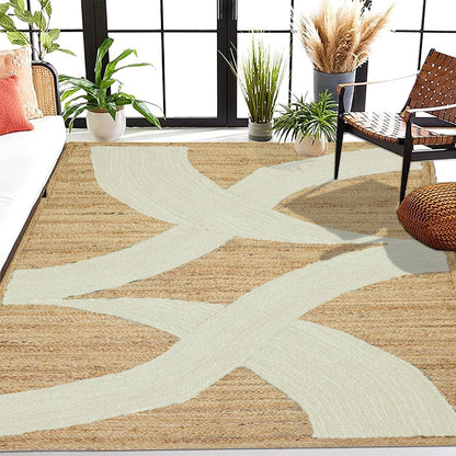Premium Quality Jute Rug 4x6 Feet Area Rug Natural Fiber Jute Rugs Thick 0.27" Black Abstract Pattern Geometric Rugs for Kids Room, Living Room, Yoga Mat, Indoor Outdoor Carpet - Colors A