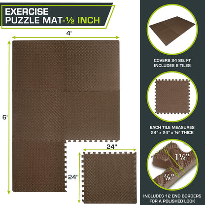 ProsourceFit Exercise Puzzle Mat ½-inch, EVA Interlocking Foam Floor Tiles for Home Gym, Workout Equipment, Kids Play Areas, Black, 24 SQ FT - 6 Tiles