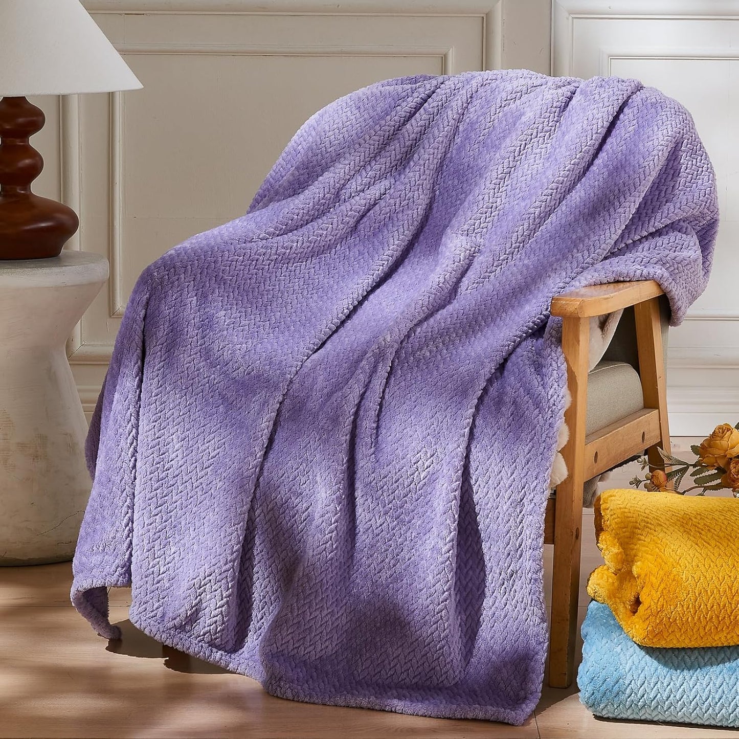NEWCOSPLAY Super Soft Throw Blanket Light Purple Premium Silky Flannel Fleece Leaves Pattern Lightweight Bed Blanket All Season Use (Light Purple, Throw(50"x60")) - Colors B