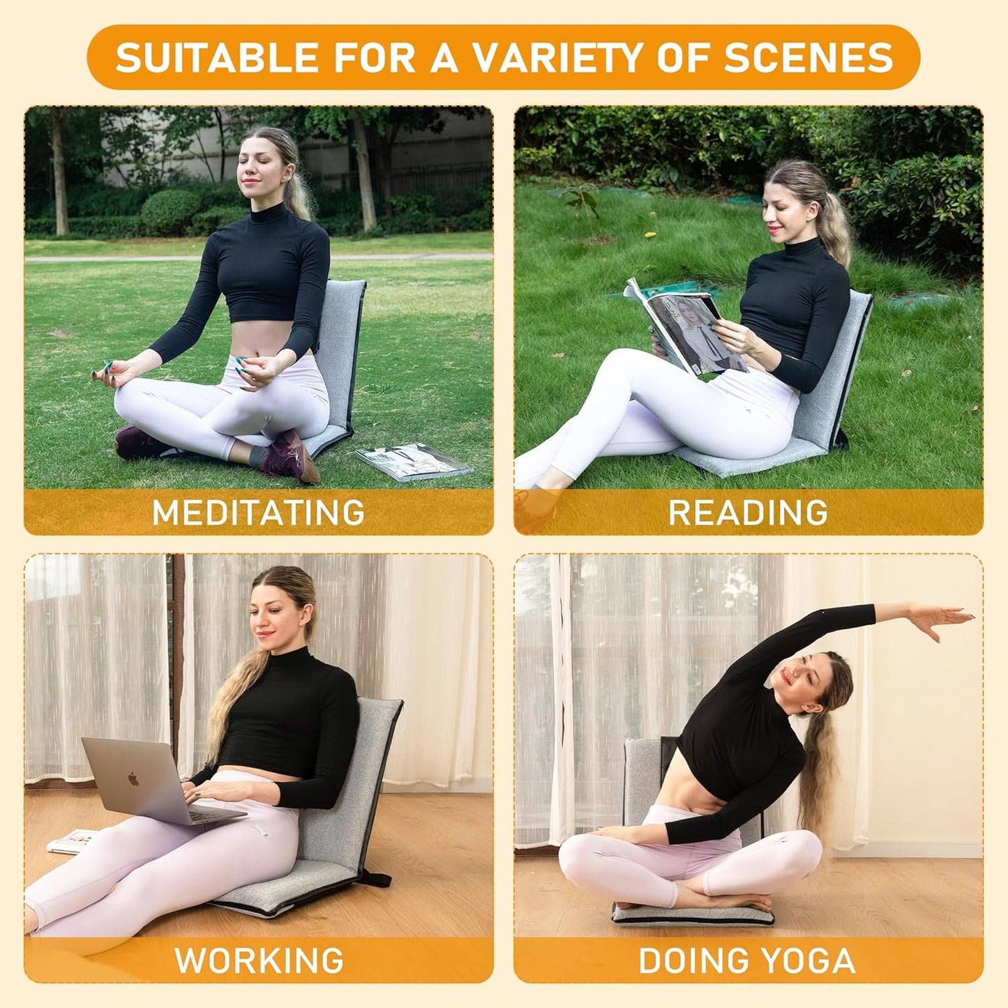 Floor Chair with Back Support 14-Position Adjustable Floor Chair Portable Ground Seating for Adults & Kids Foldable Meditation Seat with Japanese KOYO Bearings & Washable Linen Cover (Coffee)
