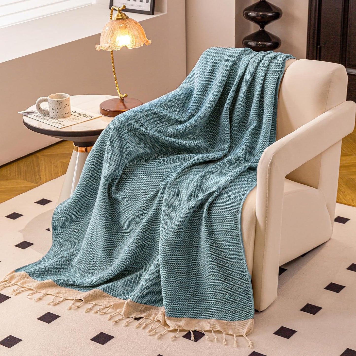 Peshtemania Premium Cotton Throw Blanket, 50x60 inches, Light Blue, Turkish Herringbone, Farmhouse Decor, Yoga Blanket, Picnic Blanket