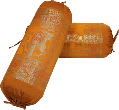 Ethnic Jacquard Brocade Silk Bolster Yoga Rectangular Pillowcase Cover Elephant Brown Tubular Massand Living Room Decorative Hotdog Indian Throw Pillowcase 76x38 cm - Set of 2 Pcs