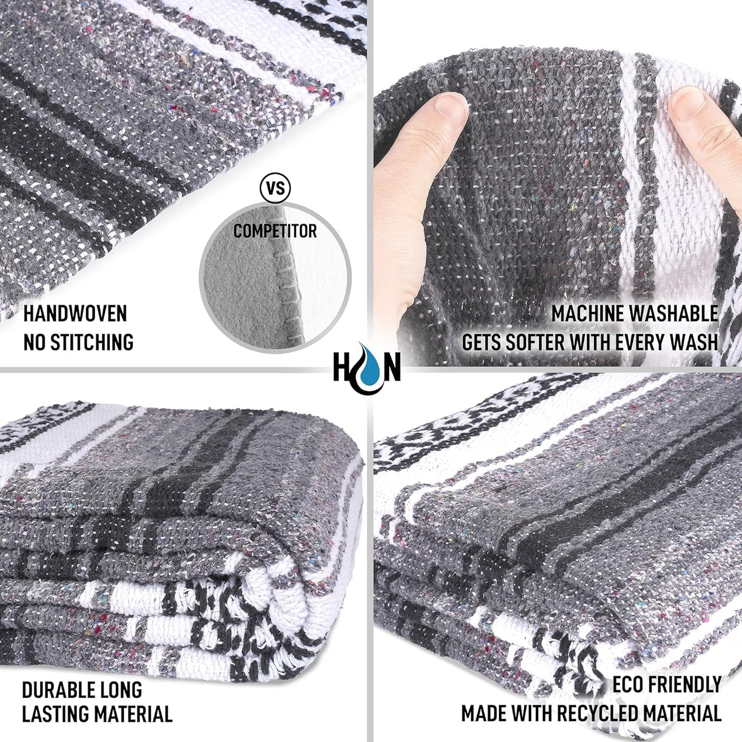 Hydration Nation Authentic Large Handwoven Mexican Blanket - Soft Yoga - Durable Serape - Lightweight Falsa, Beach, Camping, Picnic, Outdoor 70"x50" - Mandarin