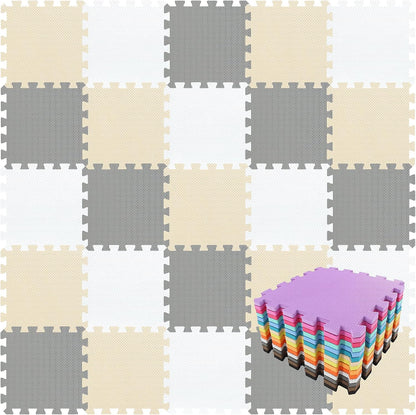 qqpp EVA Rubber 18 Tiles Interlocking Puzzle Foam Floor Mats - Baby Play Mat for Playing | Exercise Mat for Home Workout. White, Pink, Gray. QC-ACLb18N