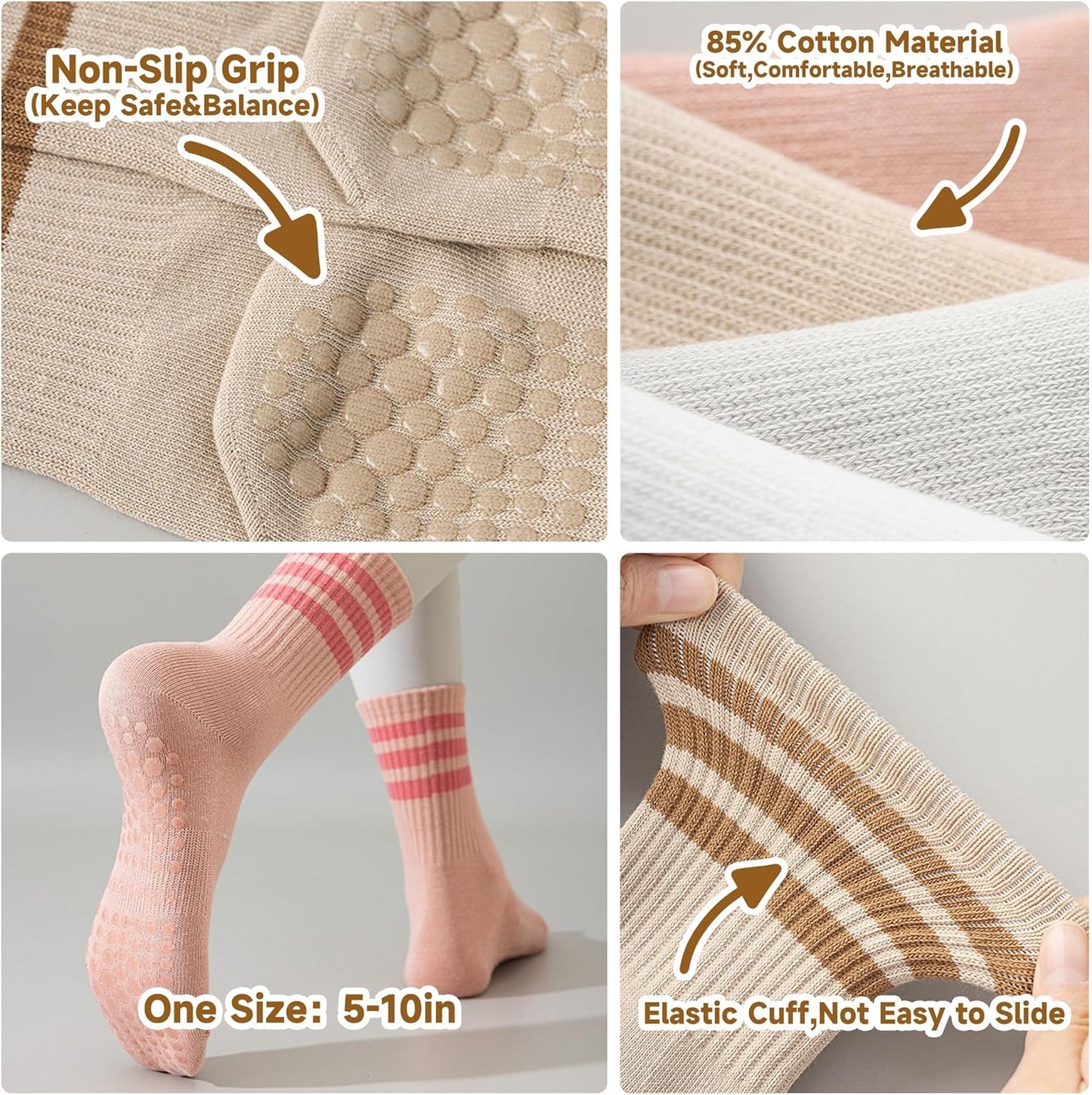 Grip Socks Pilates,4/6Pairs Cotton Cute Pilates Socks for Women, Ruffle Grippy Sock for Yoga Barre Hospital 5-10in